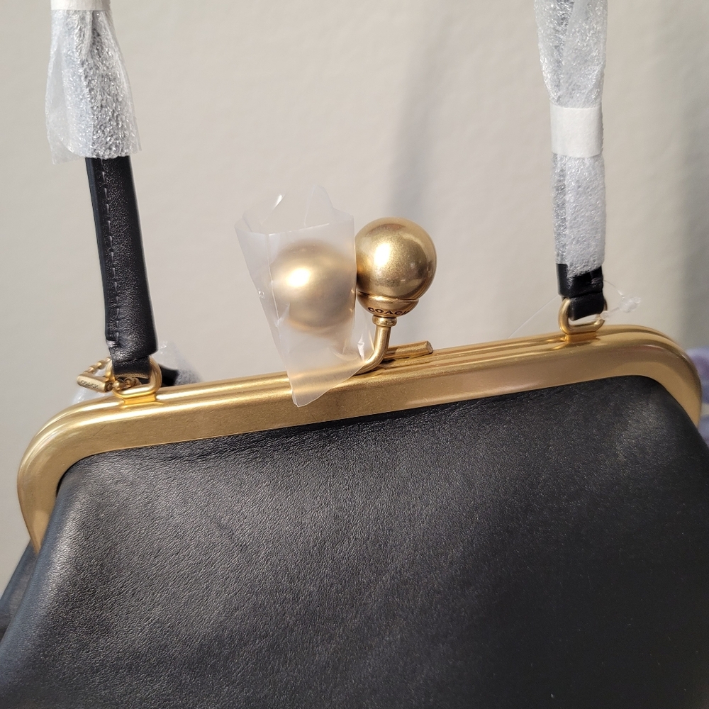 Coach Kisslock Frame Bag 16 in Brass/Black Glove-Tanned Leather NWT - Picture 7 of 12